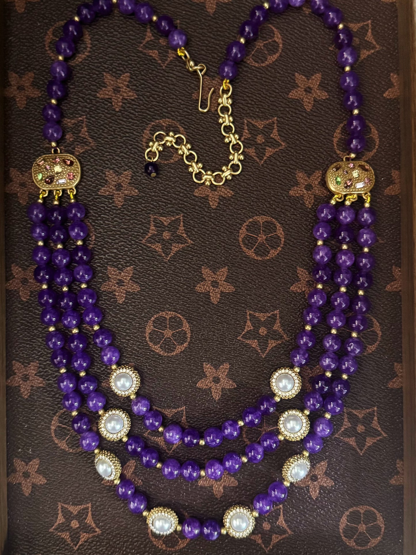 Vintage Gold-Plated Triple-Layer Necklace with Amethyst Beads & Swarovski Pearls