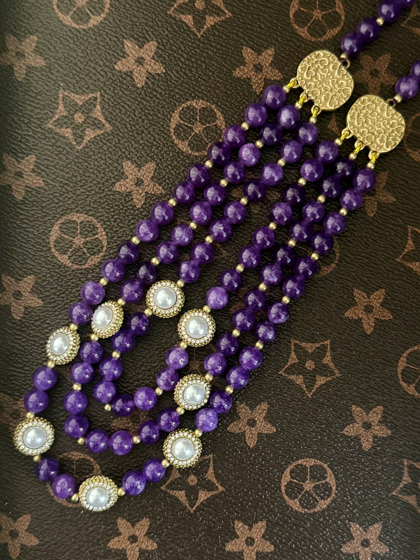Vintage Gold-Plated Triple-Layer Necklace with Amethyst Beads & Swarovski Pearls