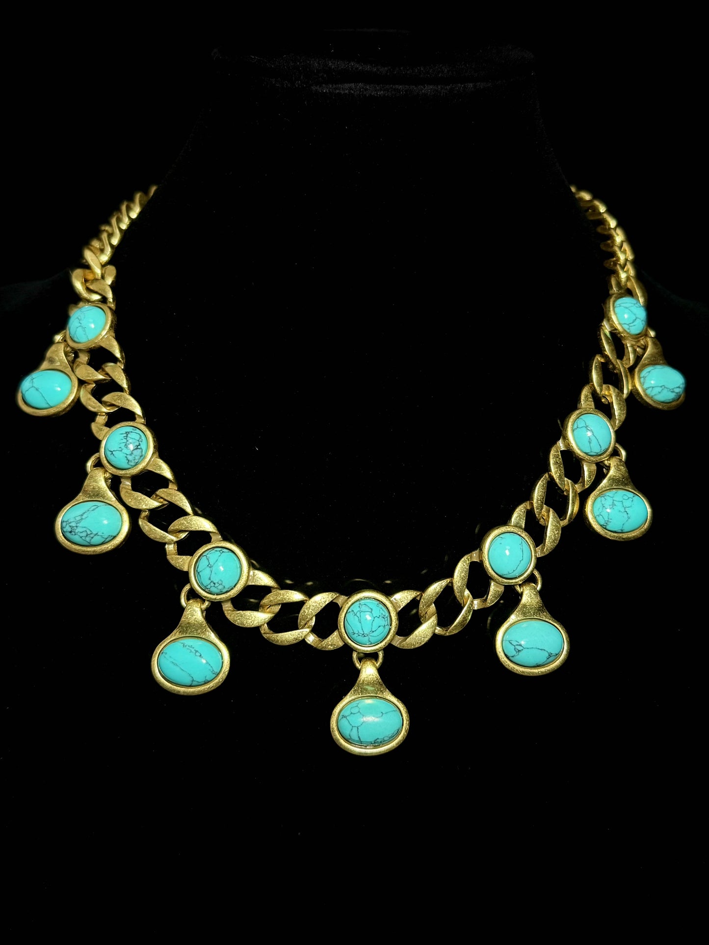Vintage Gold-Plated Twist Chain Necklace with Genuine Turquoise – Boho Chic Statement Jewelry for Women