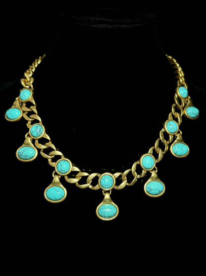 Vintage Gold-Plated Twist Chain Necklace with Genuine Turquoise – Boho Chic Statement Jewelry for Women