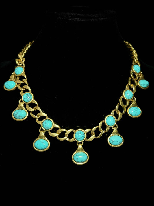 Vintage Gold-Plated Twist Chain Necklace with Genuine Turquoise – Boho Chic Statement Jewelry for Women