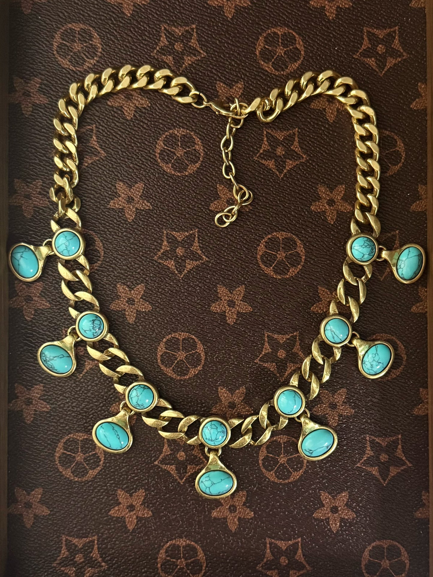 Vintage Gold-Plated Twist Chain Necklace with Genuine Turquoise – Boho Chic Statement Jewelry for Women