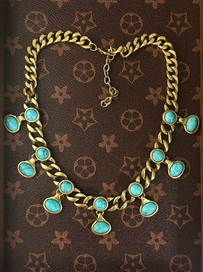 Vintage Gold-Plated Twist Chain Necklace with Genuine Turquoise – Boho Chic Statement Jewelry for Women