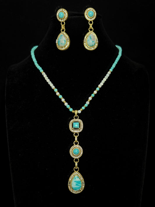 Vintage 18K Gold-Plated Copper Blue Teardrop Natural Stone Pendant Necklace & Earrings Set