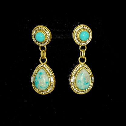 Vintage 18K Gold-Plated Copper Blue Teardrop Natural Stone Pendant Necklace & Earrings Set