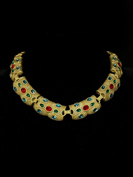 Vintage Lux Gold-Plated Copper Choker with Red and Blue Rhinestones
