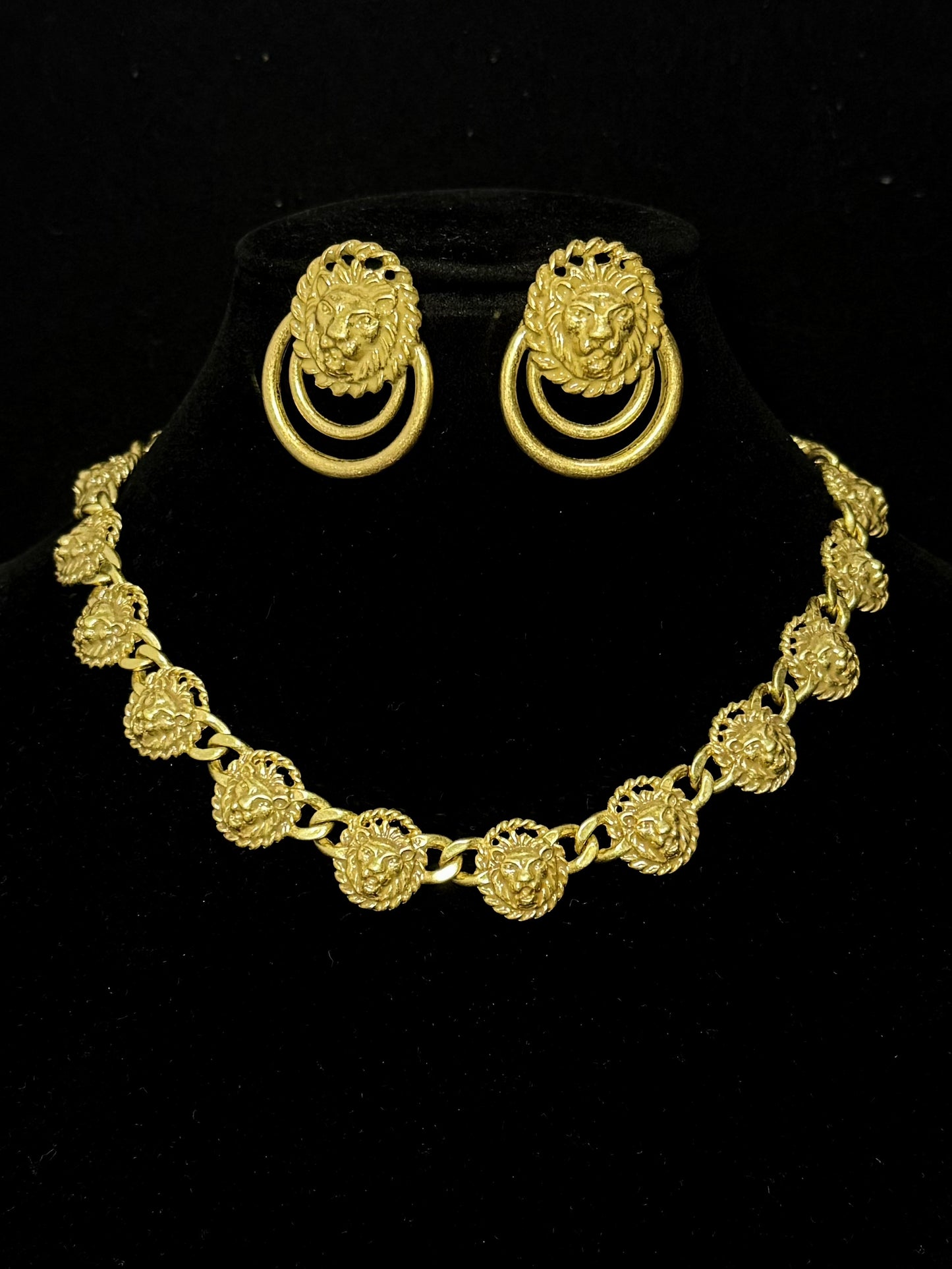 Vintage Heavy Brass Gold-Plated Lion Head Necklace & Earrings Jewelry Set