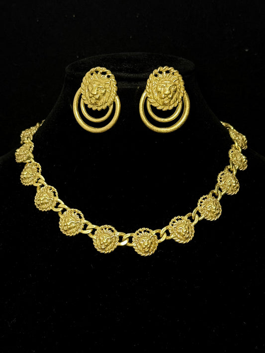 Vintage Heavy Brass Gold-Plated Lion Head Necklace & Earrings Jewelry Set