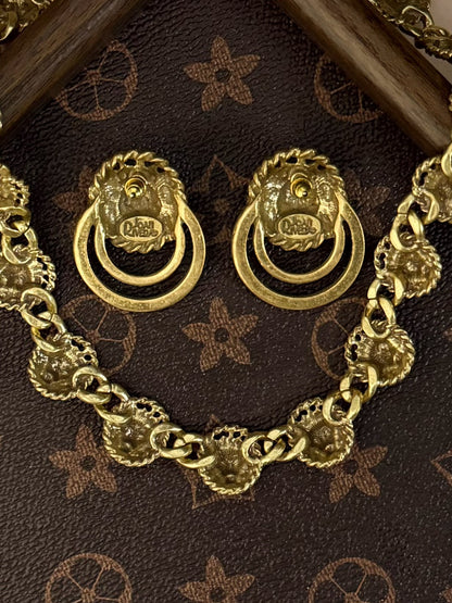 Vintage Heavy Brass Gold-Plated Lion Head Necklace & Earrings Jewelry Set