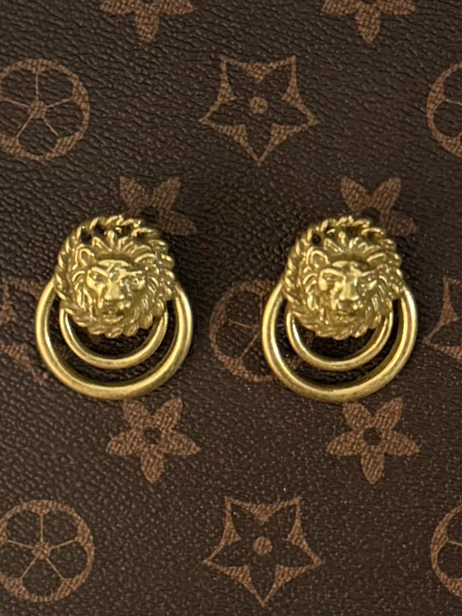 Vintage Heavy Brass Gold-Plated Lion Head Necklace & Earrings Jewelry Set