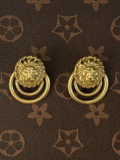 Vintage Heavy Brass Gold-Plated Lion Head Necklace & Earrings Jewelry Set