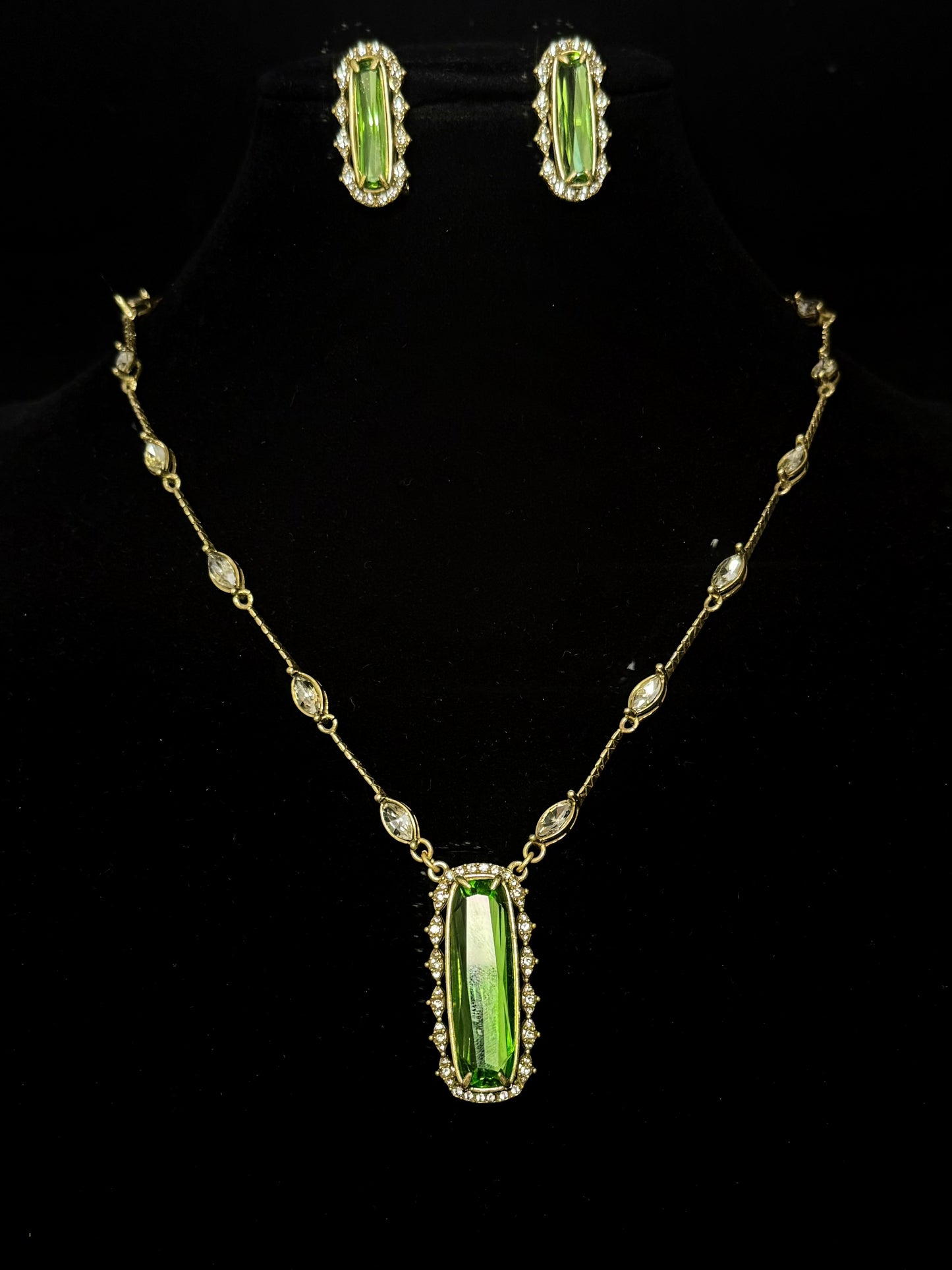 Vintage Gold-Plated Brass Green Rhinestone-Encrusted Earrings & Necklace Set