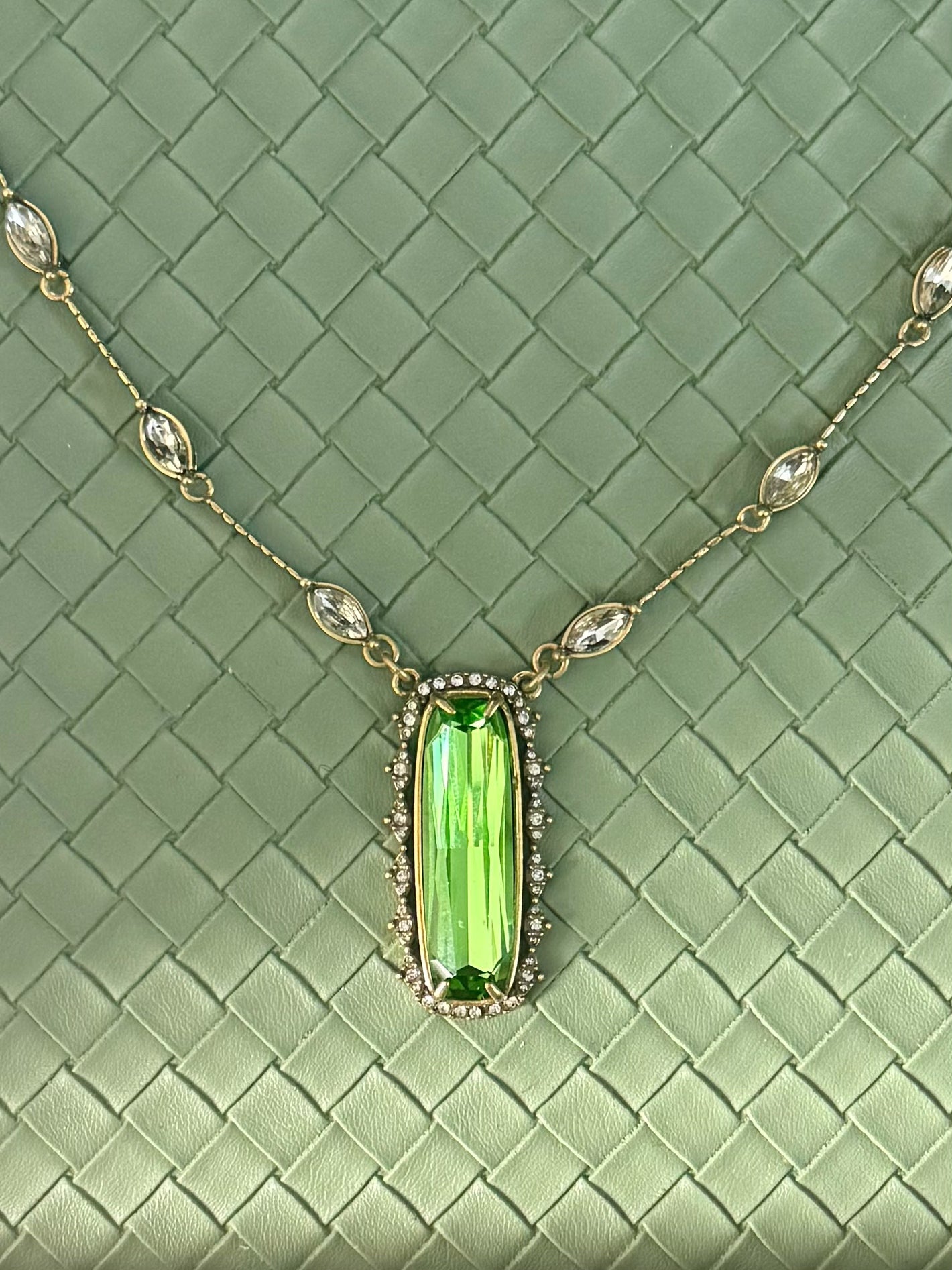 Vintage Gold-Plated Brass Green Rhinestone-Encrusted Earrings & Necklace Set