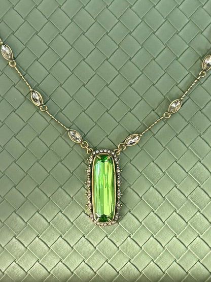 Vintage Gold-Plated Brass Green Rhinestone-Encrusted Earrings & Necklace Set
