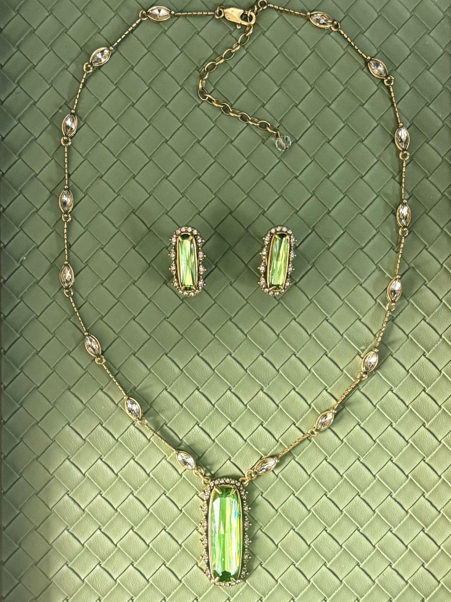 Vintage Gold-Plated Brass Green Rhinestone-Encrusted Earrings & Necklace Set