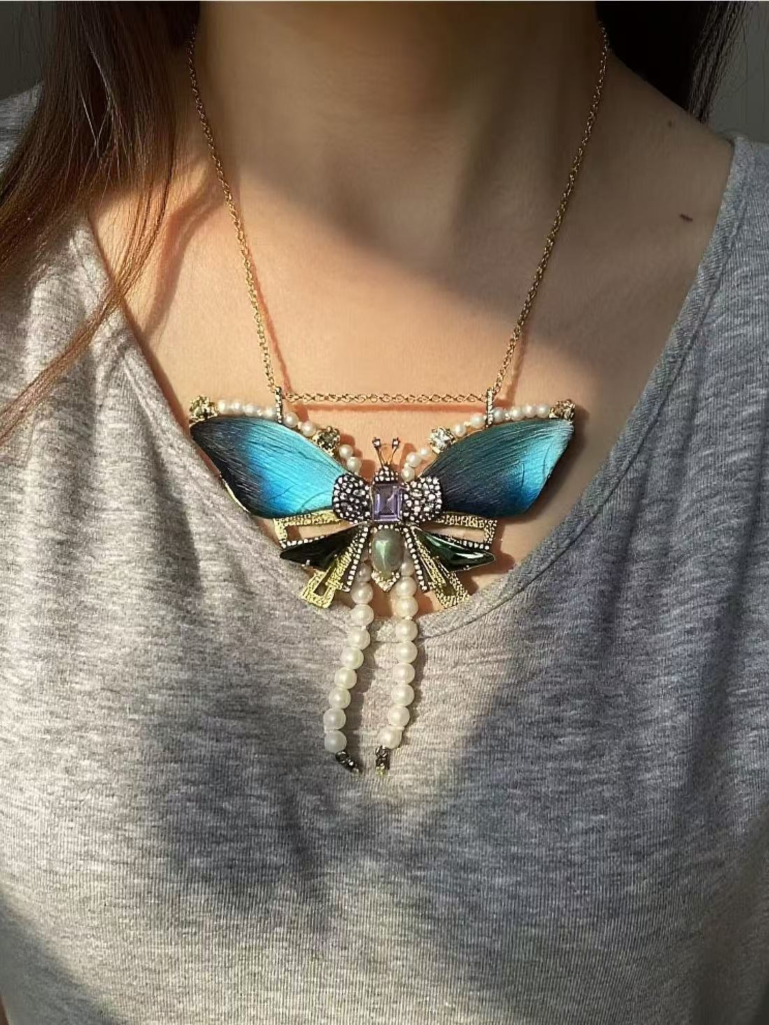 Vintage Niche Design Gold-Plated Copper Blue Butterfly & Pearl Tassel Necklace