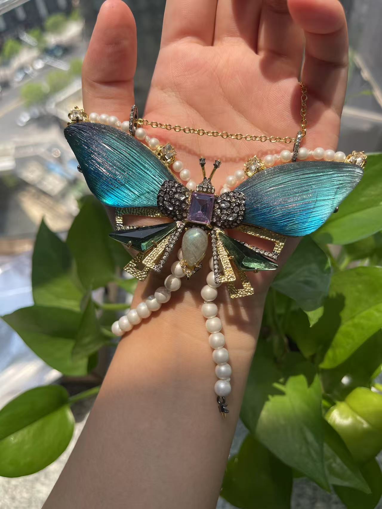 Vintage Niche Design Gold-Plated Copper Blue Butterfly & Pearl Tassel Necklace