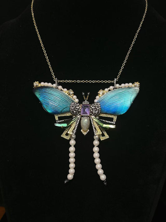 Vintage Niche Design Gold-Plated Copper Blue Butterfly & Pearl Tassel Necklace