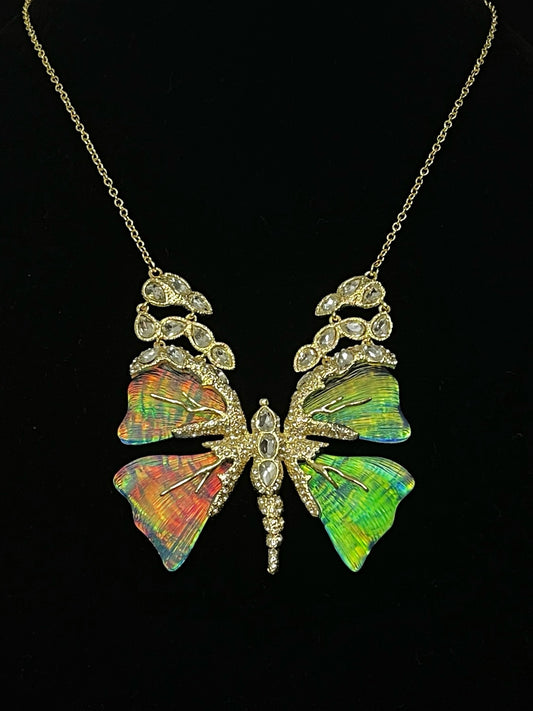 Vintage Niche Design Iridescent Butterfly Necklace in Gold-Plated Copper