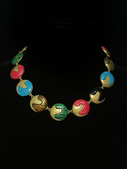 Vintage Artistic Gold-Plated Copper Necklace with Multicolor Natural Stones