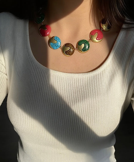 Vintage Artistic Gold-Plated Copper Necklace with Multicolor Natural Stones