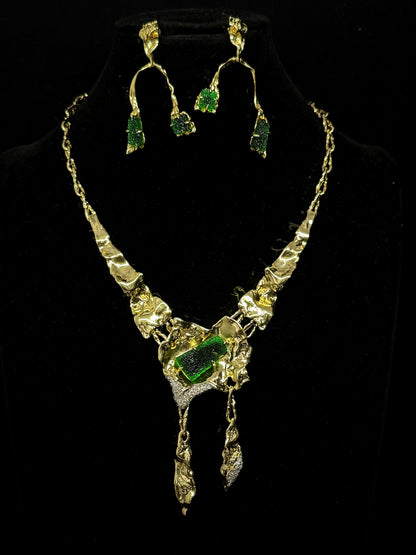 Vintage Avant-Garde Designer Irregular Gold-Plated Copper Earrings & Necklace Set