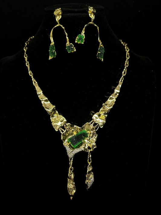 Vintage Avant-Garde Designer Irregular Gold-Plated Copper Earrings & Necklace Set