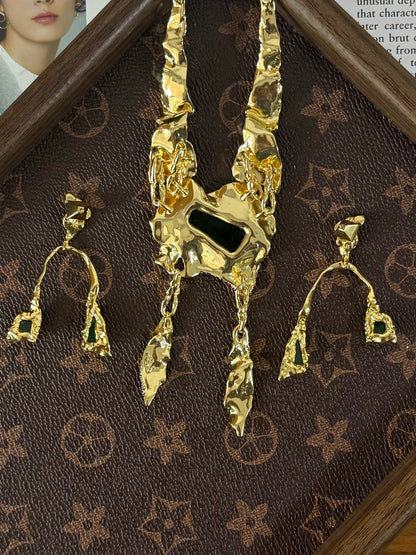 Vintage Avant-Garde Designer Irregular Gold-Plated Copper Earrings & Necklace Set