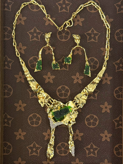 Vintage Avant-Garde Designer Irregular Gold-Plated Copper Earrings & Necklace Set