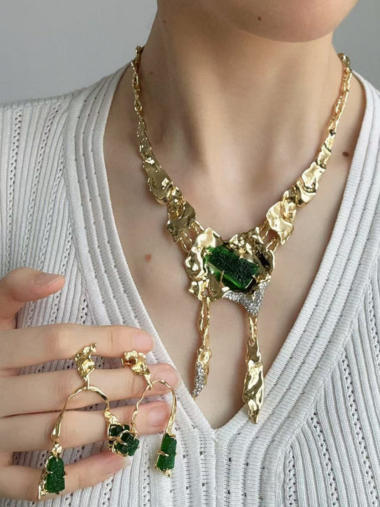 Vintage Avant-Garde Designer Irregular Gold-Plated Copper Earrings & Necklace Set