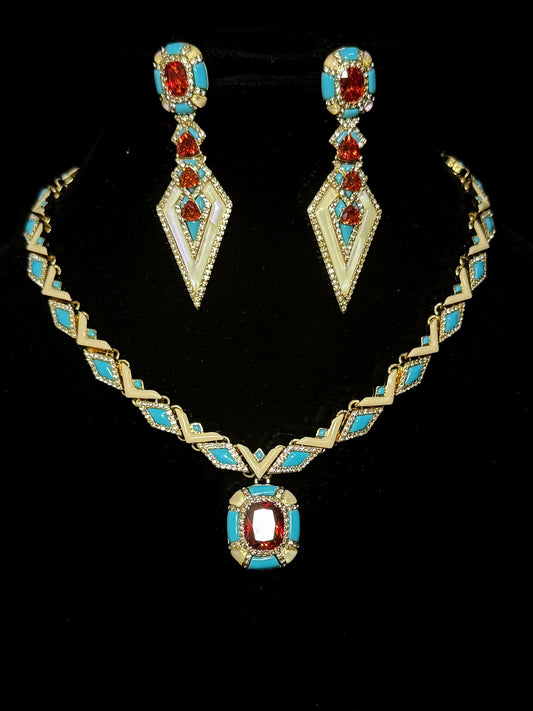 Vintage Niche Luxury Gold-Plated Copper Blue Enamel & Ruby Red Rhombus Necklace & Earrings Set