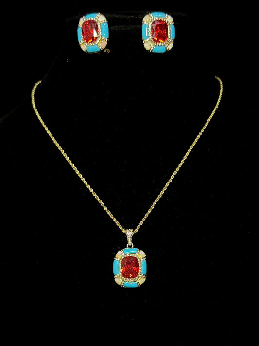 Vintage Glam Square-Cut Ruby Red Pendant Necklace & Earrings Set in Heavy Gold-Plated Finish