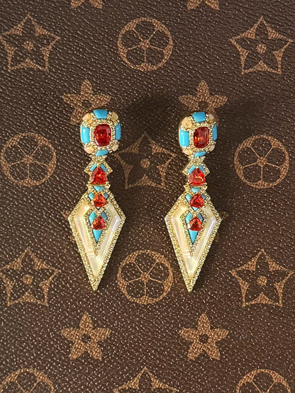 Vintage Niche Luxury Gold-Plated Copper Blue Enamel & Ruby Red Rhombus Necklace & Earrings Set