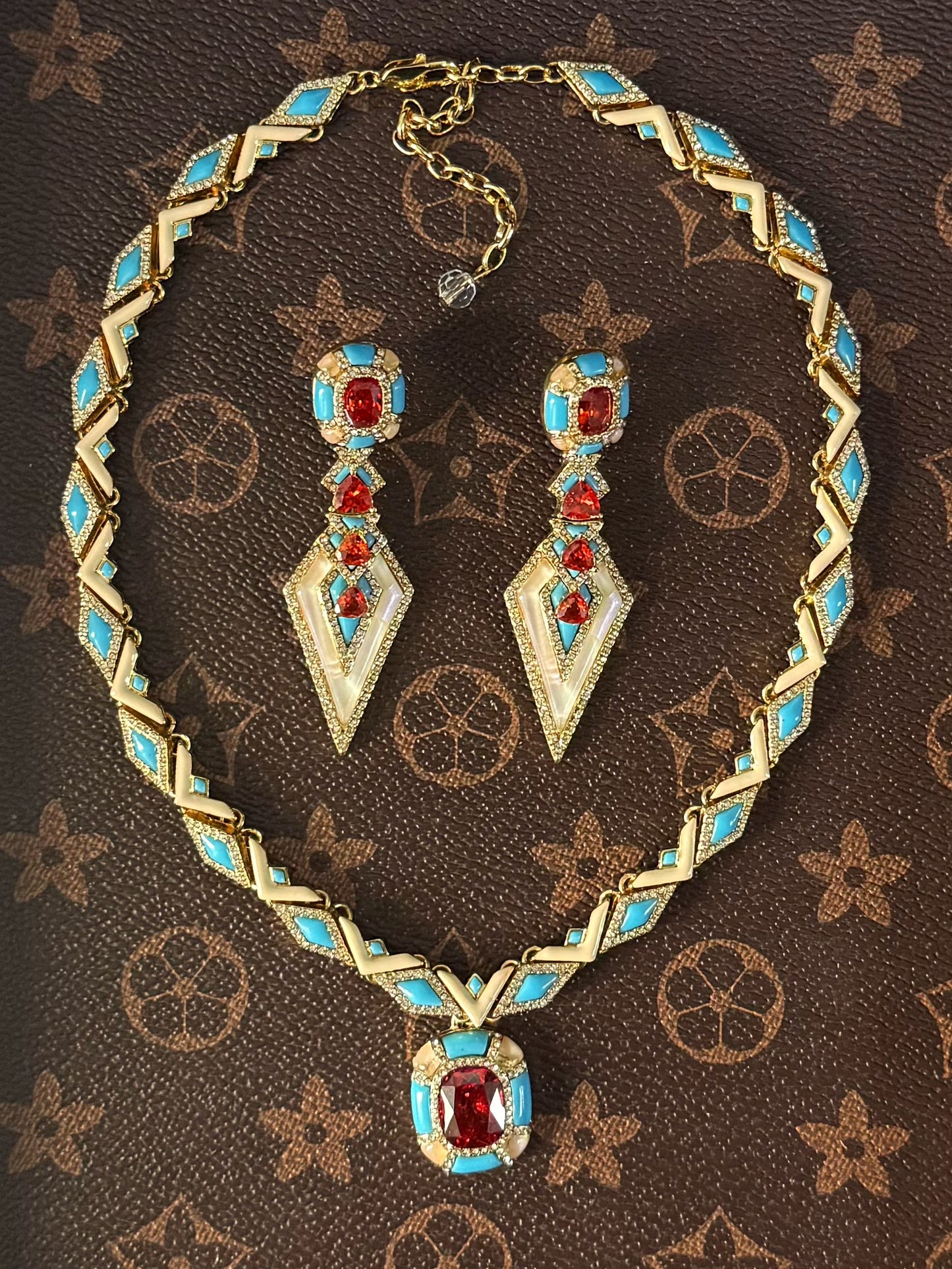 Vintage Niche Luxury Gold-Plated Copper Blue Enamel & Ruby Red Rhombus Necklace & Earrings Set
