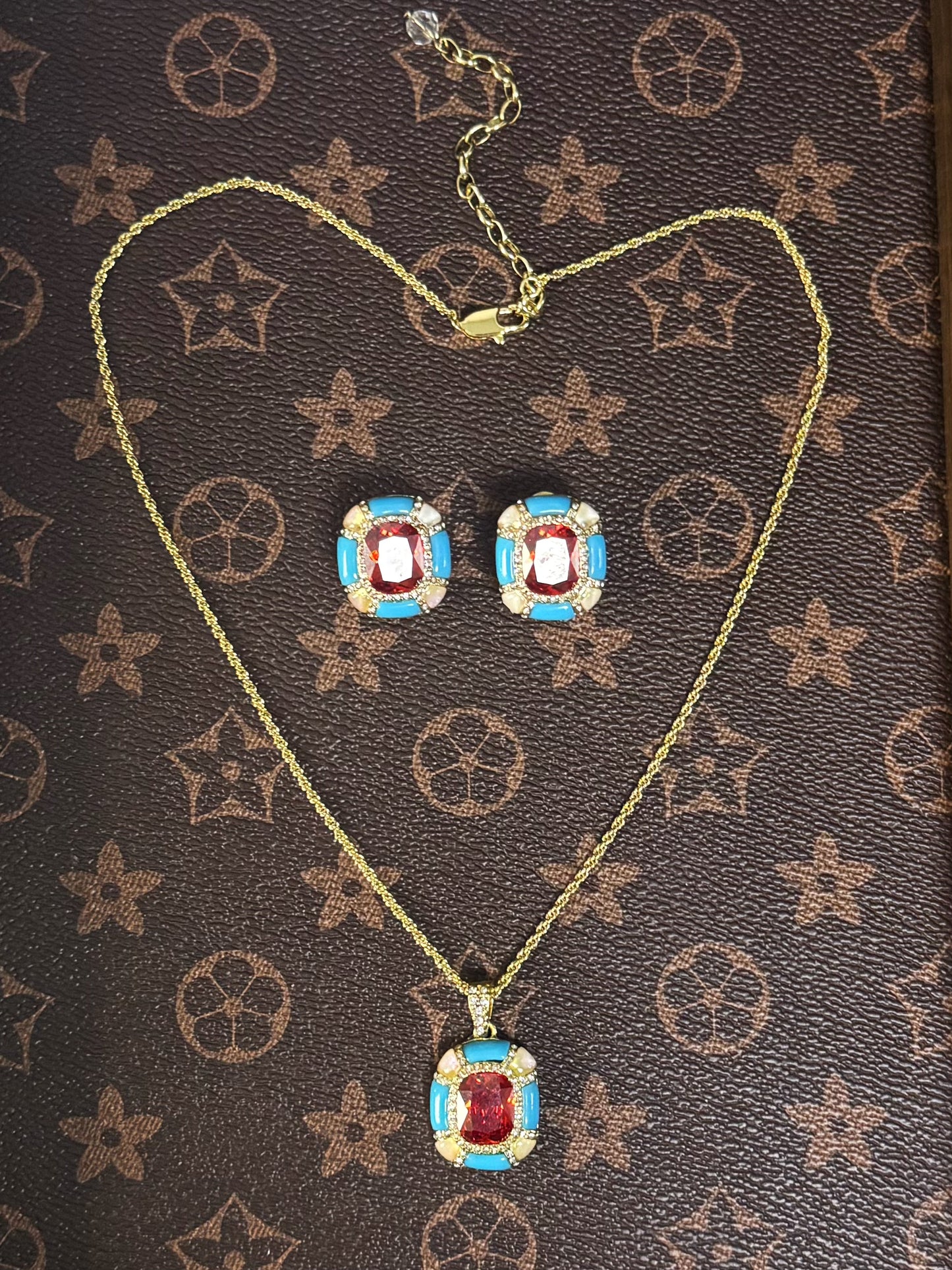 Vintage Glam Square-Cut Ruby Red Pendant Necklace & Earrings Set in Heavy Gold-Plated Finish