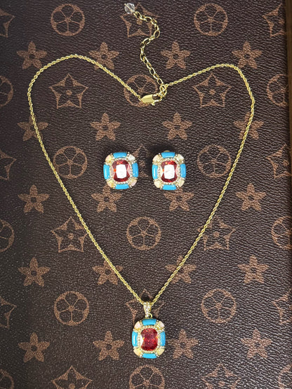 Vintage Glam Square-Cut Ruby Red Pendant Necklace & Earrings Set in Heavy Gold-Plated Finish