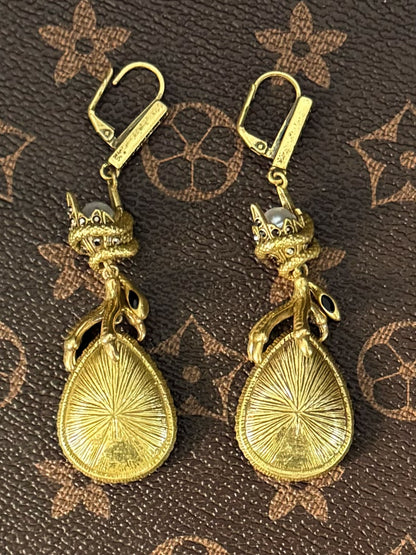 Vintage Heavywork French Gold-Plated Copper Snake & Claw Black Teardrop Pendant Earrings