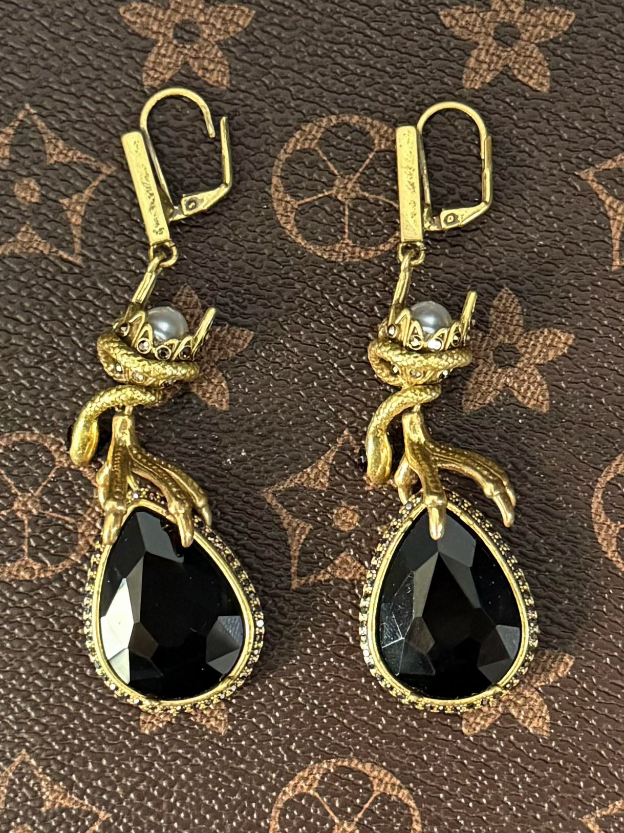 Vintage Heavywork French Gold-Plated Copper Snake & Claw Black Teardrop Pendant Earrings