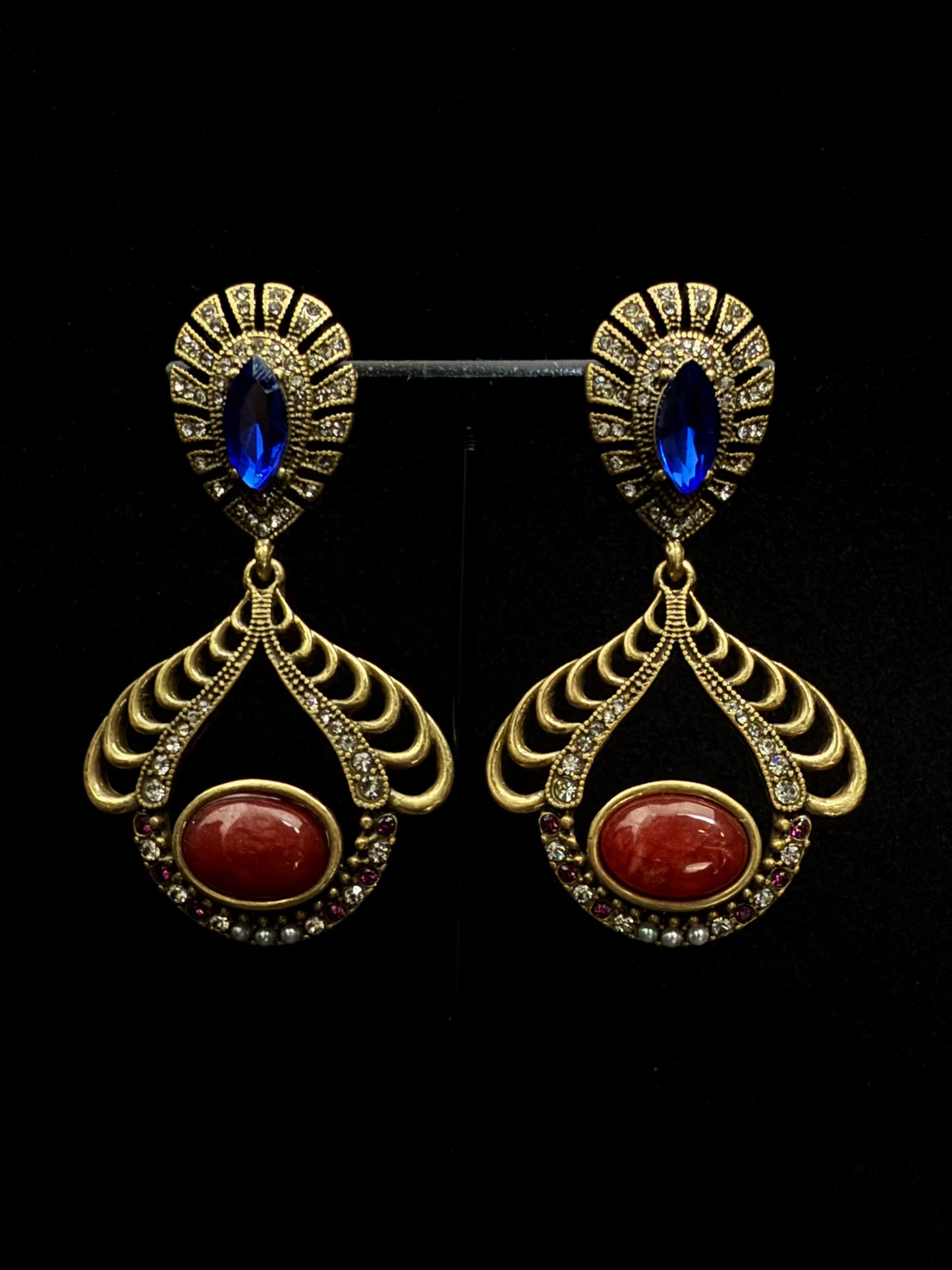 Vintage Heavywork French Medieval Gold-Plated Copper Earrings with Blue Rhinestones & Red Gemstone Pendants