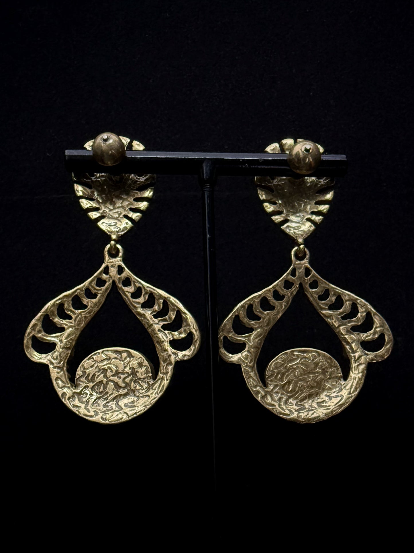 Vintage Heavywork French Medieval Gold-Plated Copper Earrings with Blue Rhinestones & Red Gemstone Pendants