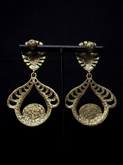 Vintage Heavywork French Medieval Gold-Plated Copper Earrings with Blue Rhinestones & Red Gemstone Pendants