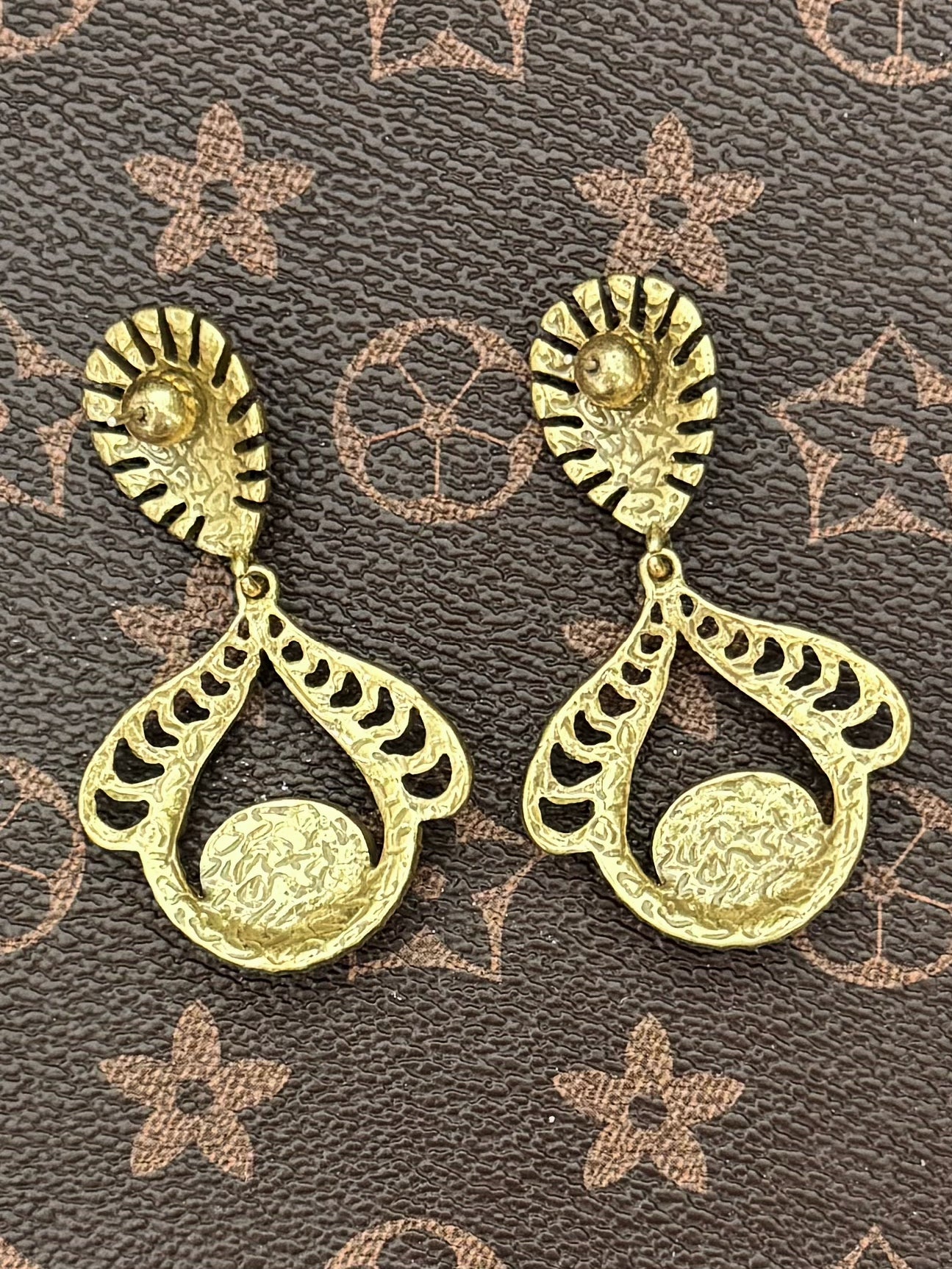 Vintage Heavywork French Medieval Gold-Plated Copper Earrings with Blue Rhinestones & Red Gemstone Pendants