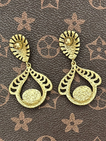 Vintage Heavywork French Medieval Gold-Plated Copper Earrings with Blue Rhinestones & Red Gemstone Pendants