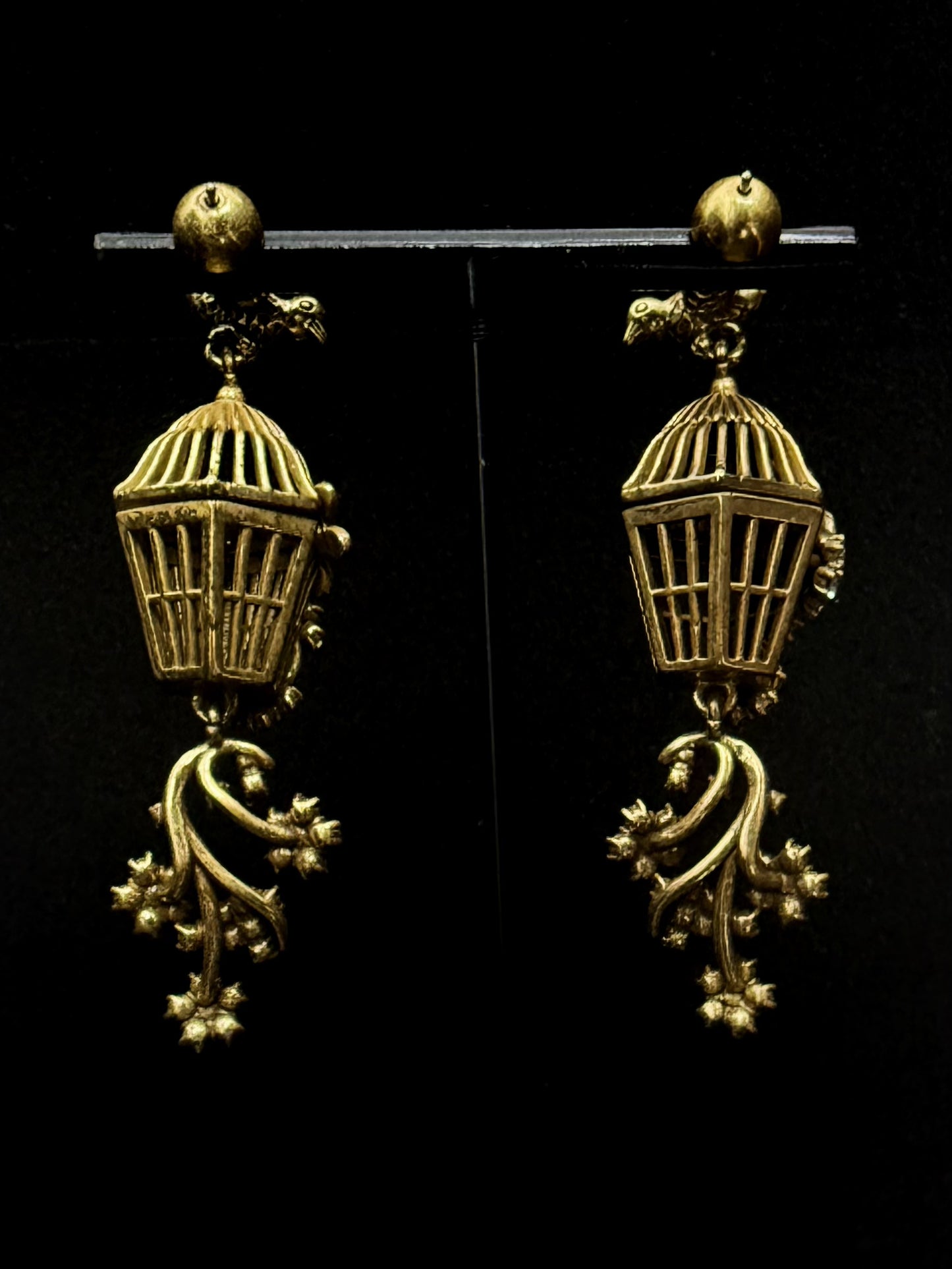 Vintage Heavywork French Gold-Plated Copper 3D Birdcage Design Earrings