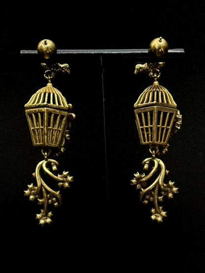 Vintage Heavywork French Gold-Plated Copper 3D Birdcage Design Earrings