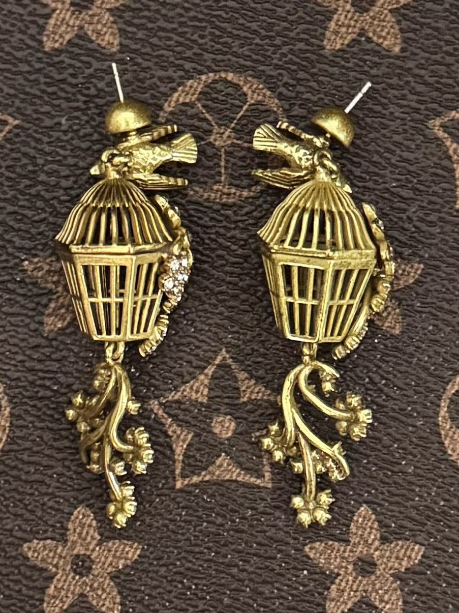 Vintage Heavywork French Gold-Plated Copper 3D Birdcage Design Earrings