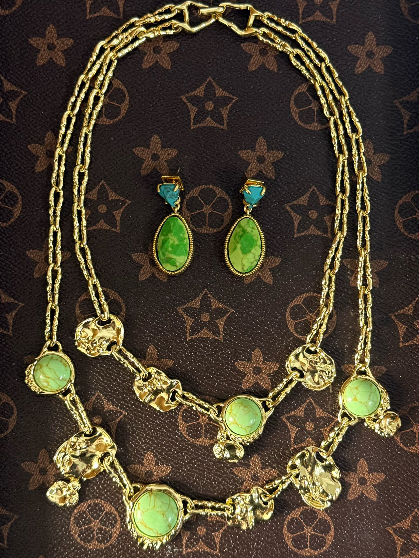 Genius Vintage Double-Layer Geometric Turquoise Necklace – Gold-Plated Copper Artistic Design