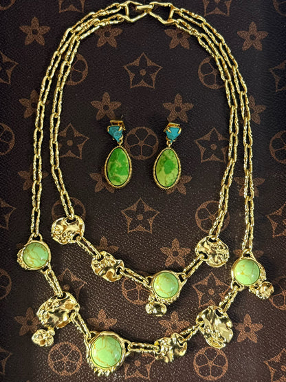 Genius Vintage Double-Layer Geometric Turquoise Necklace – Gold-Plated Copper Artistic Design