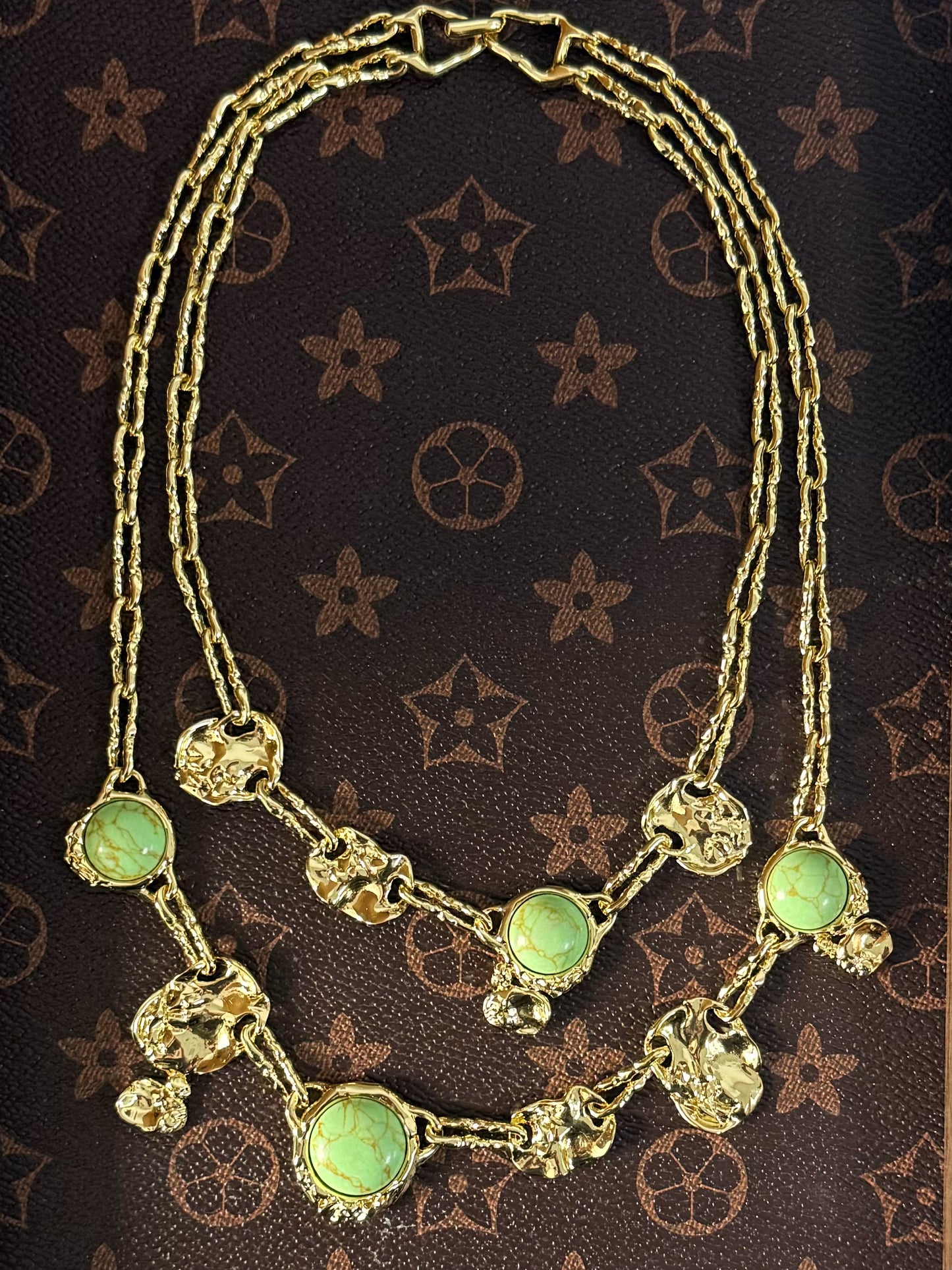 Genius Vintage Double-Layer Geometric Turquoise Necklace – Gold-Plated Copper Artistic Design