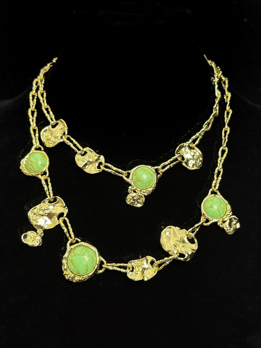 Genius Vintage Double-Layer Geometric Turquoise Necklace – Gold-Plated Copper Artistic Design
